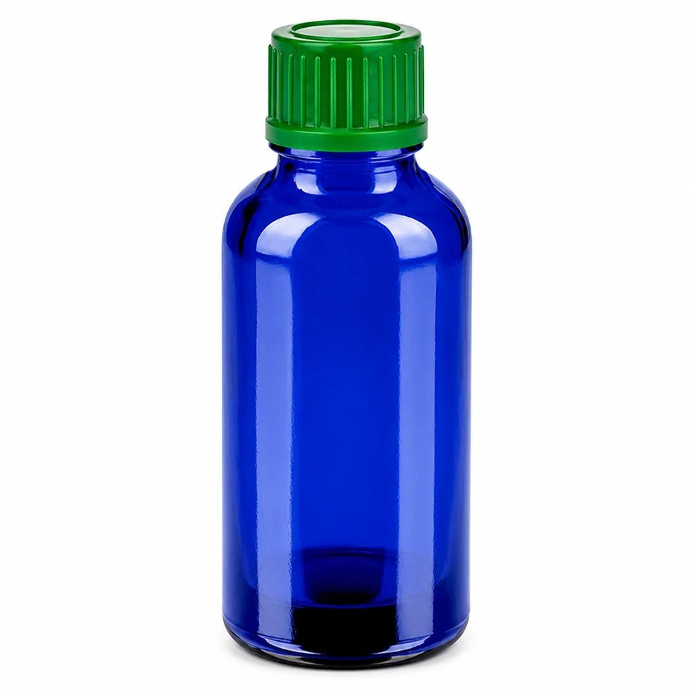 30ml Flasche 11mm Schraubverschluss grün Standard BlueLine UT18/30 30ml Tropfflasche aus UV-schützendem blauen Glas mit grünem Verschluss für Tinkturen