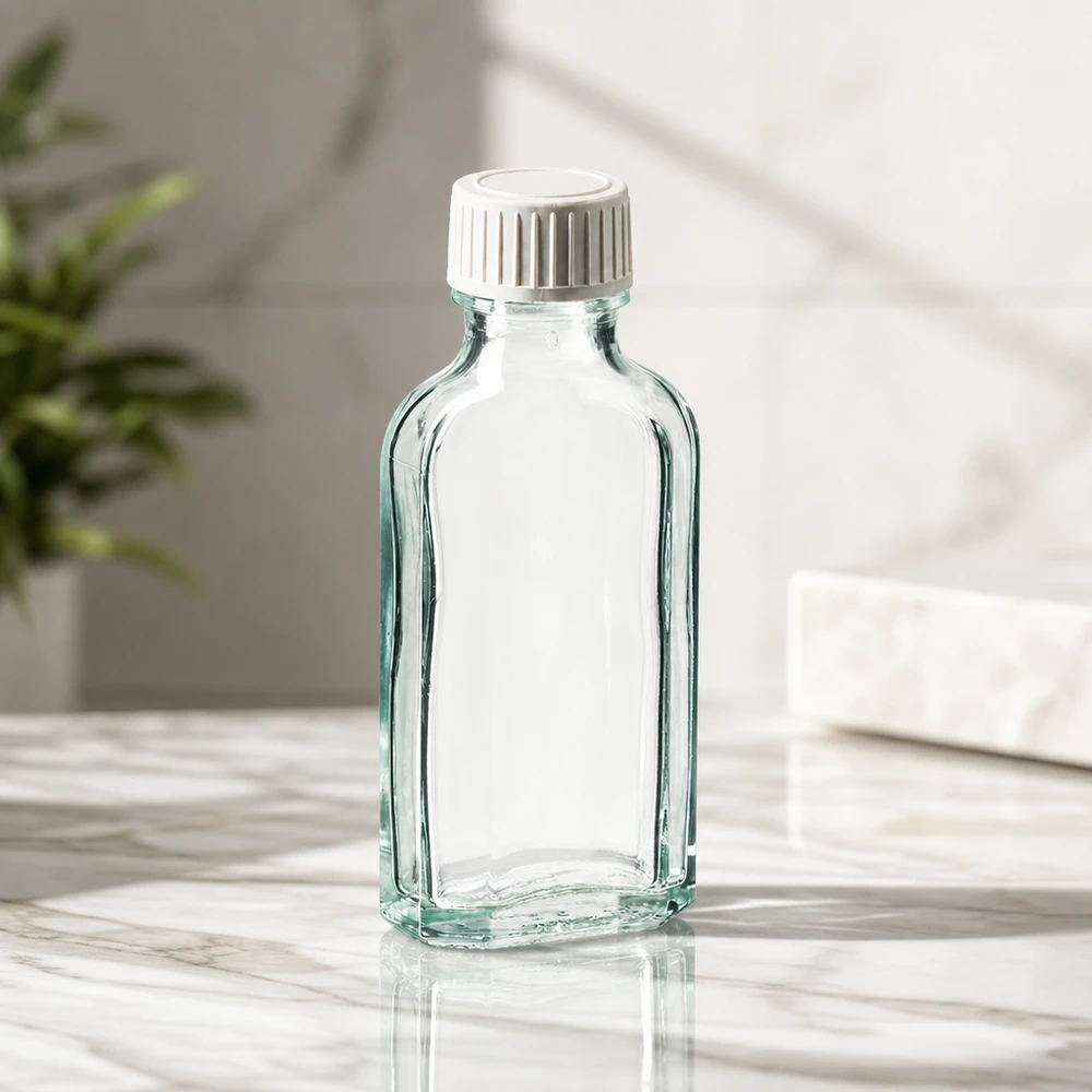 Meplat Flasche 50ml für ätherische Öle klar versiegelt mit PE-Schaumeinlage