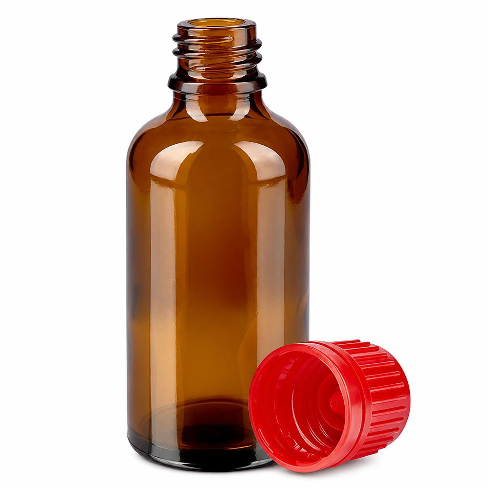 Kompakte 50ml Braunflasche mit rotem Sicherheitsverschluss für Labor und Kosmetik