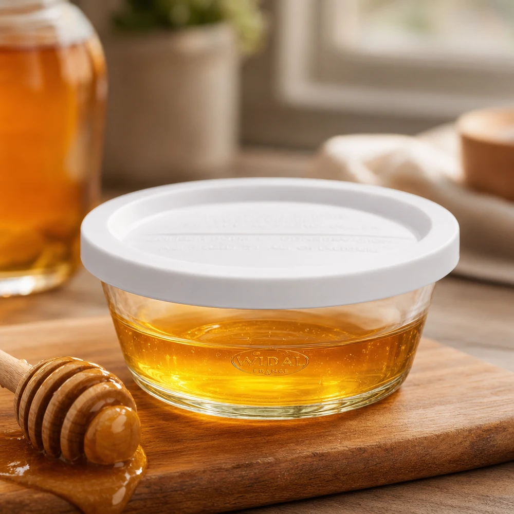 300ml Gourmetglas mit Frisched. WECK RR120 WECK RR120 Gourmetglas 300ml gefüllt mit Honig auf Holzbrett mit Honiglöffel als Anwendungsbeispiel