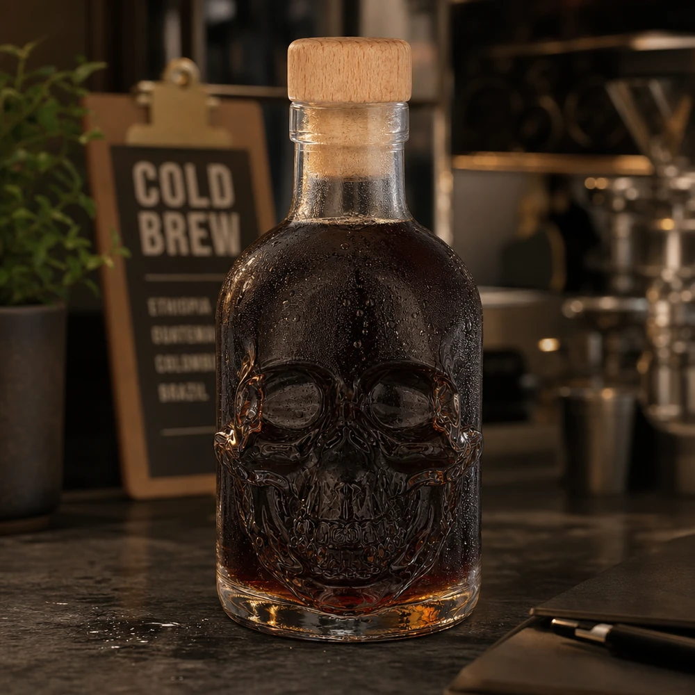 200ml Glasflasche "Jack" mit Holzgriff-Korken UNiTWIST Totenkopf-Glasflasche Jack 200ml mit dunkler Spirituose in Café-Atmosphäre, Cold Brew Schild im Hintergrund