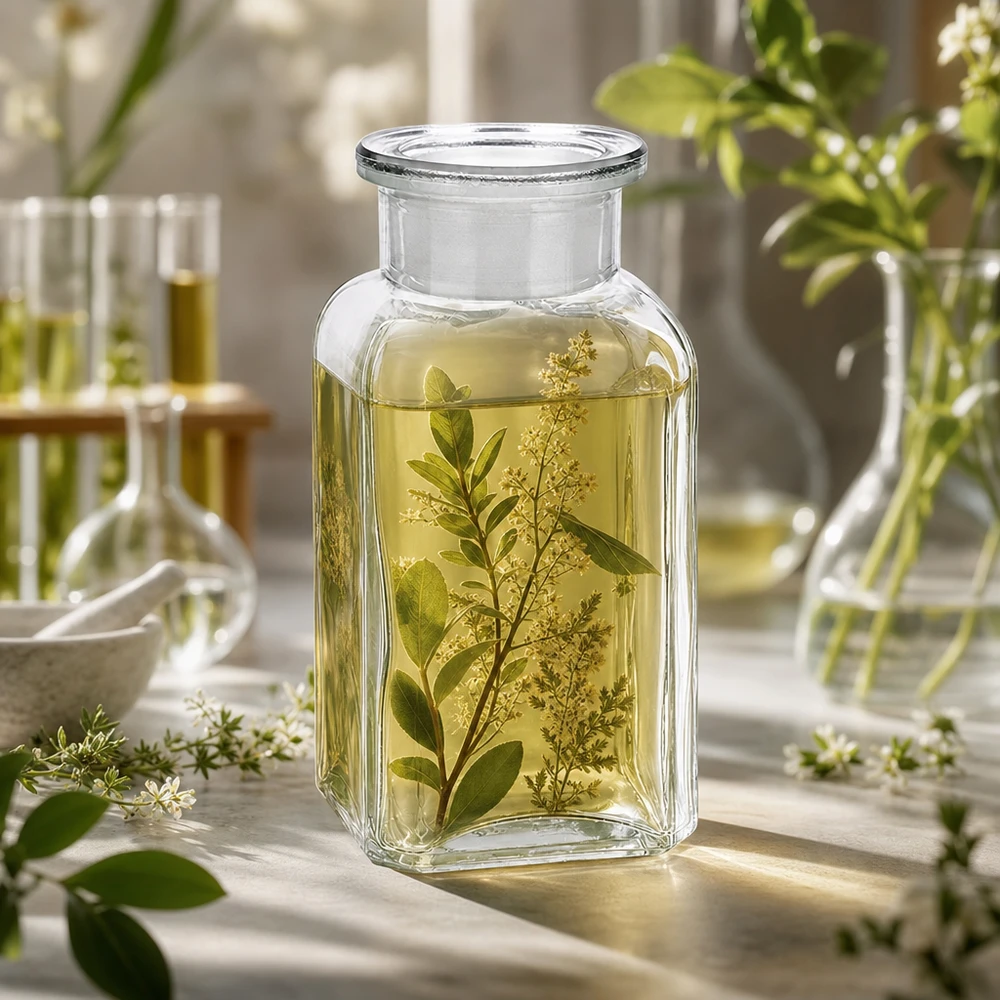 Glasflasche 100ml quadratisch mit Weithals und ätherischem Kräuteröl im Sonnenlicht