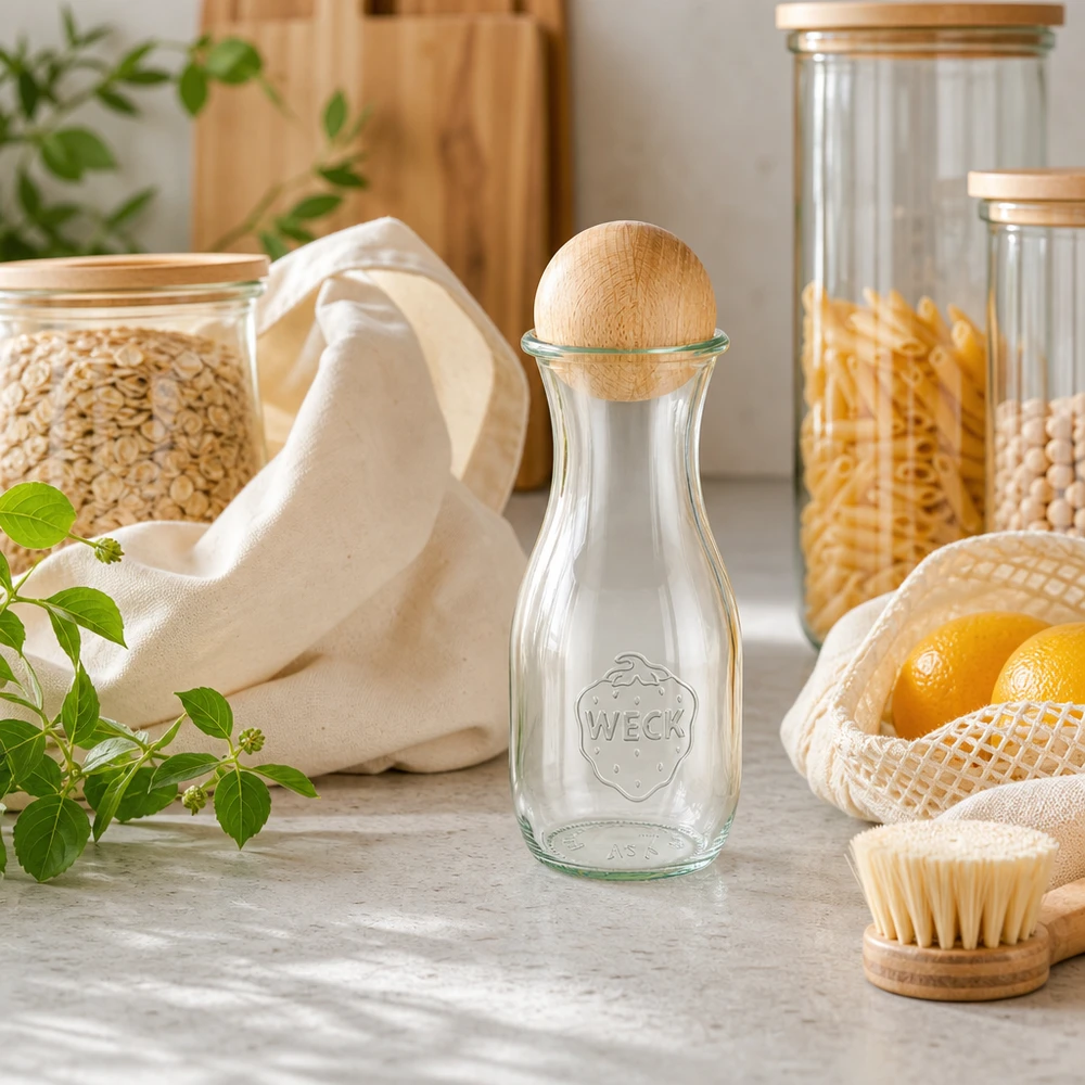 530ml Saftflasche WECK RR60 mit Holzkugel Buche WECK Saftflasche 530ml mit Holzkugel in nachhaltiger Zero-Waste Küche neben Jutebeutel und Vorratsgläsern