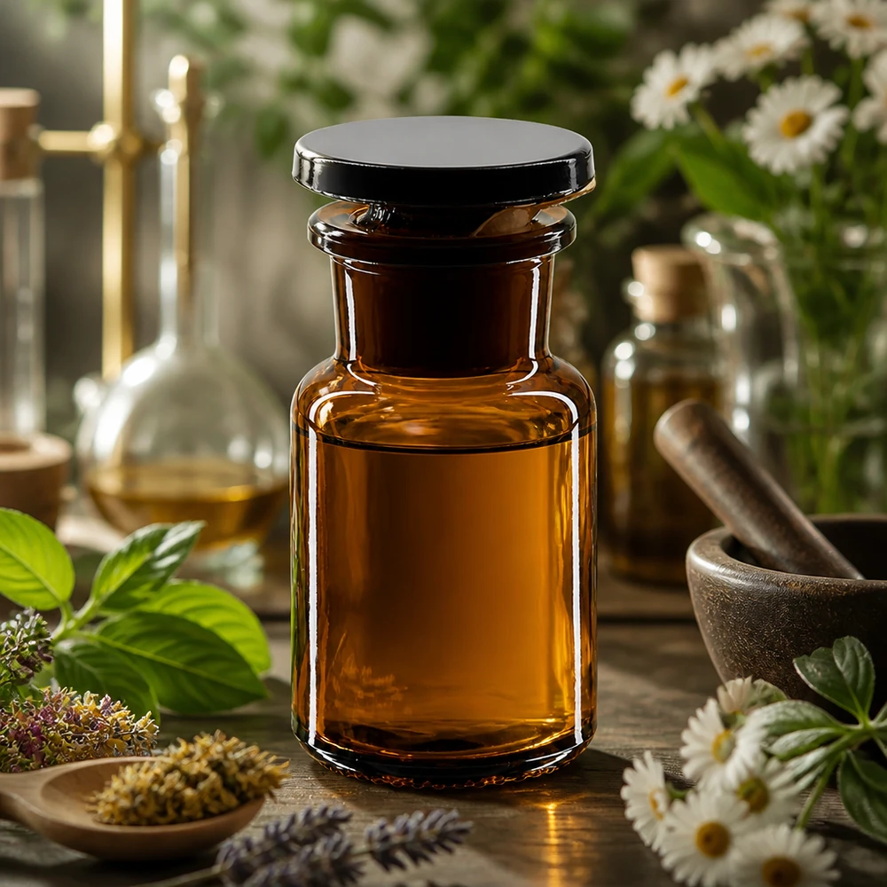 Apotheken Rundflasche 50ml braun Weithals mit Stopfen umgeben von Kräutern und Blüten