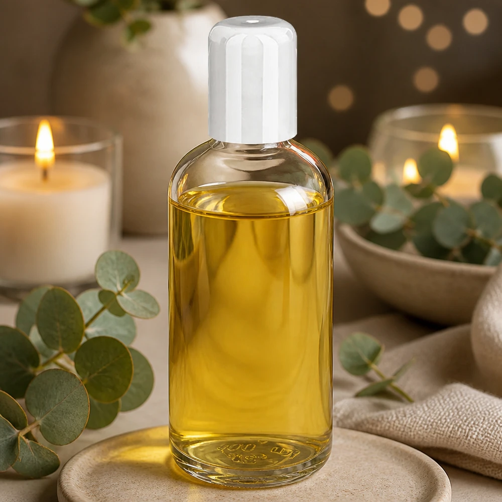 Befüllte ClearLine Flasche 100ml UT18/100 mit goldfarbenem Öl zwischen Eukalyptuszweigen