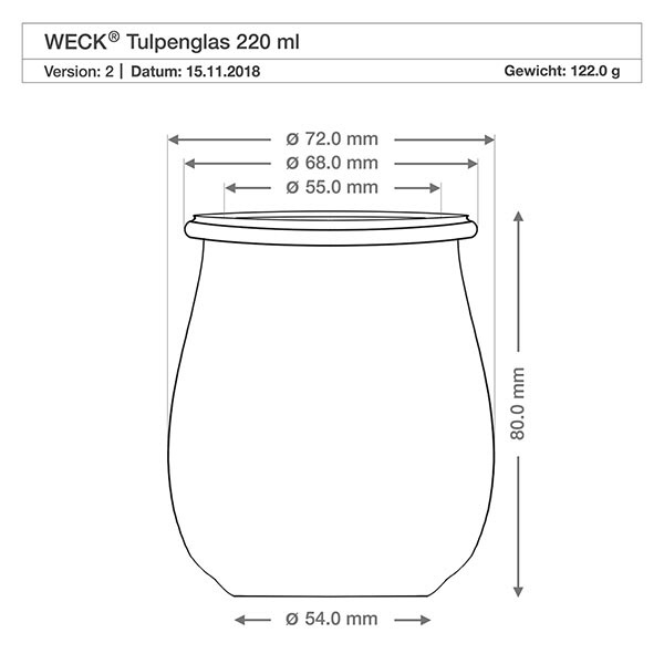 220ml Tulpenglas mit Frischedeckel WECK RR60 Technische Zeichnung WECK Tulpenglas 220ml RR60 mit Maßangaben und Abmessungen - Produktspezifikation Einmachglas