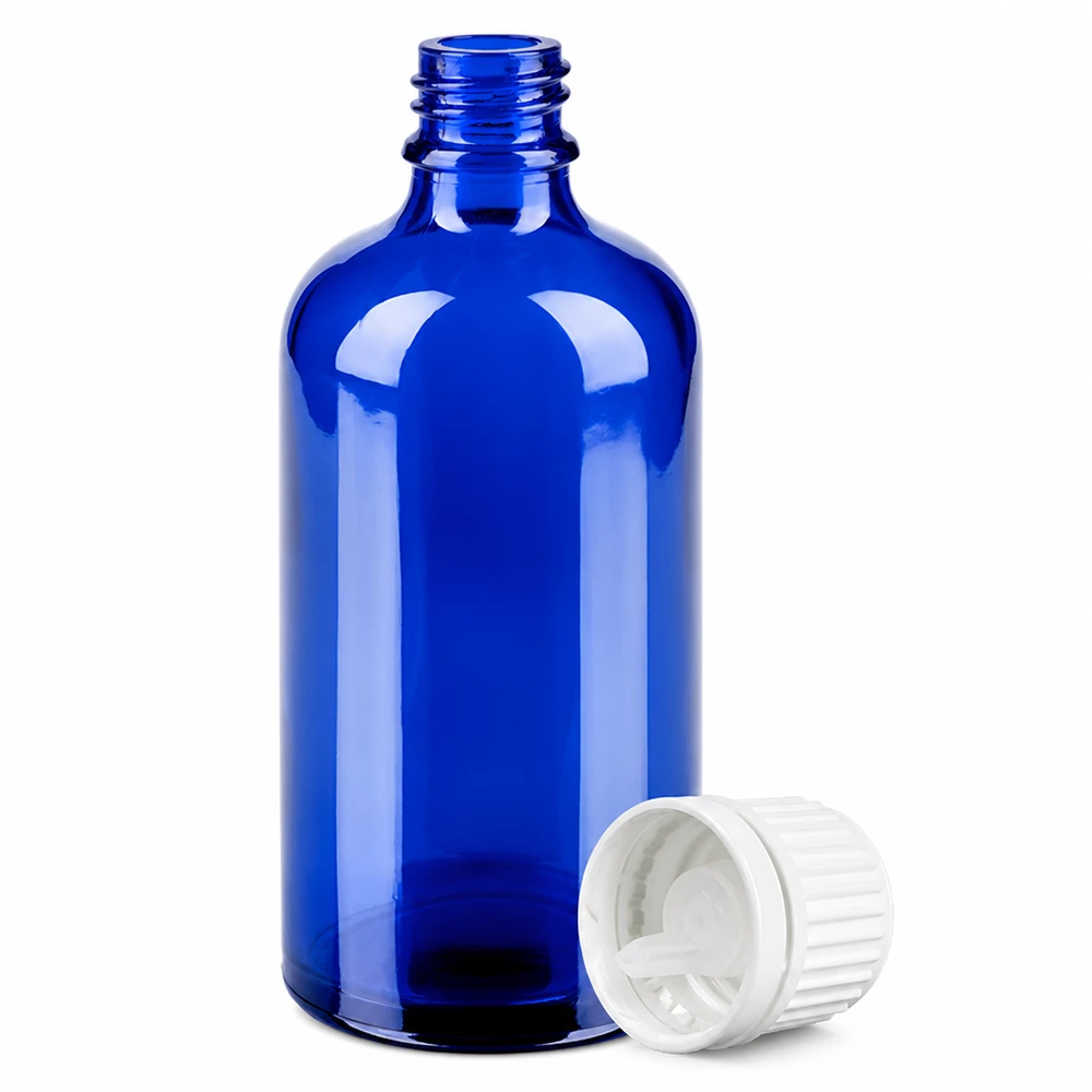 Nachfüllbare Glasflasche 100ml blau mit weißem Tropfdeckel für DIY Kosmetik und Seren