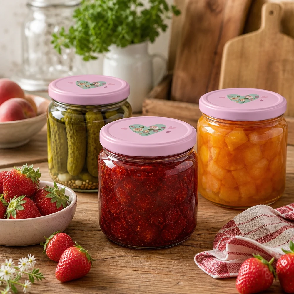 Drei 330ml Rundgläser mit rosa BasicSeal Herz-Deckeln gefüllt mit Gurken, Erdbeermarmelade und Aprikosen-Konfitüre