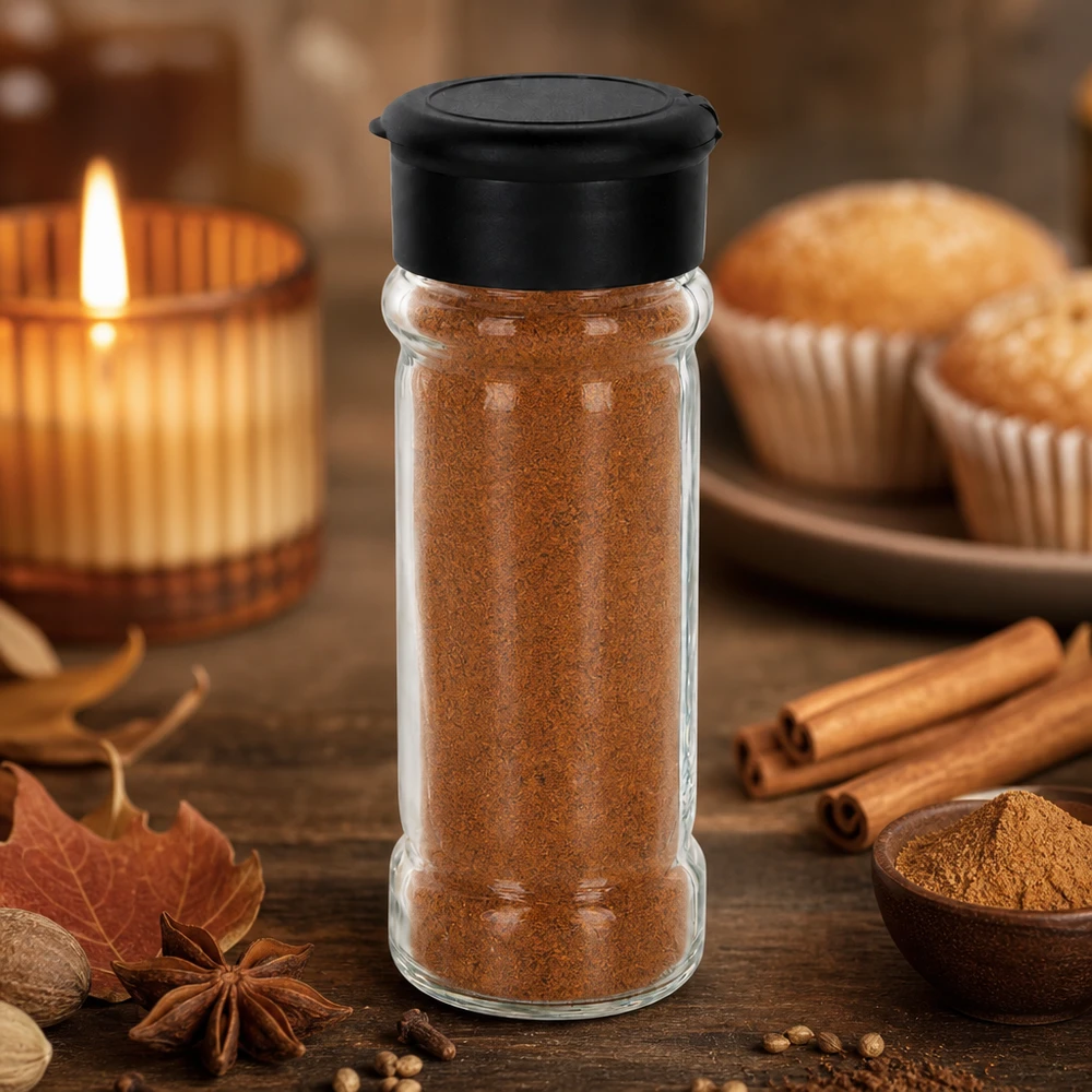 Salz-/Gewürzglas 100ml mit Streuer schwarz Kleines Glasstreuer-Behälter 100ml mit schwarzem Deckel im stimmungsvollen Kerzenlicht