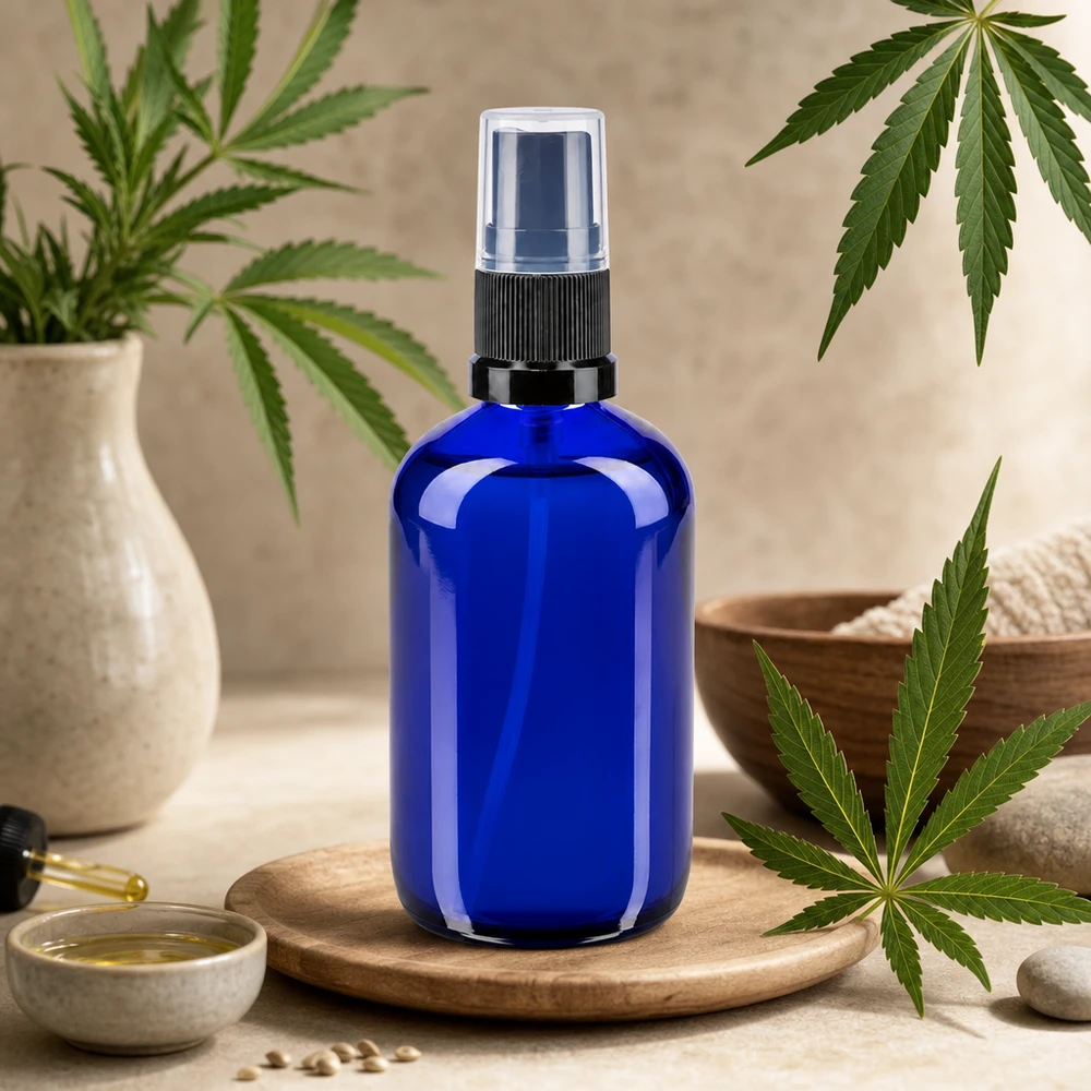 UV-Schutz Glassprayflasche 100ml in Blau mit Pumpzerstäuber für CBD und Naturkosmetik Anwendungen