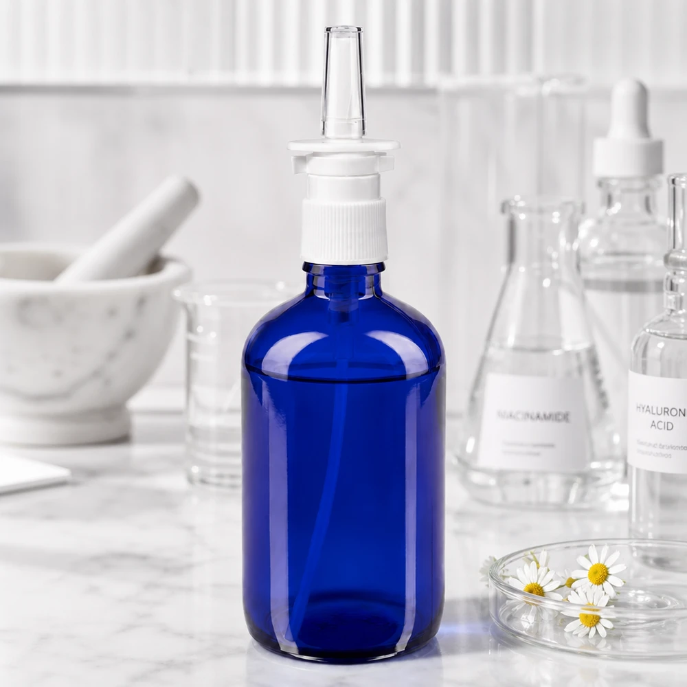 Apothekenflasche blau 100ml Nasenzerstäuber weiß Standard Hochwertige 100ml Apothekernasensprayflasche in Kobaltblau mit ergonomischem Sprühkopf weiß