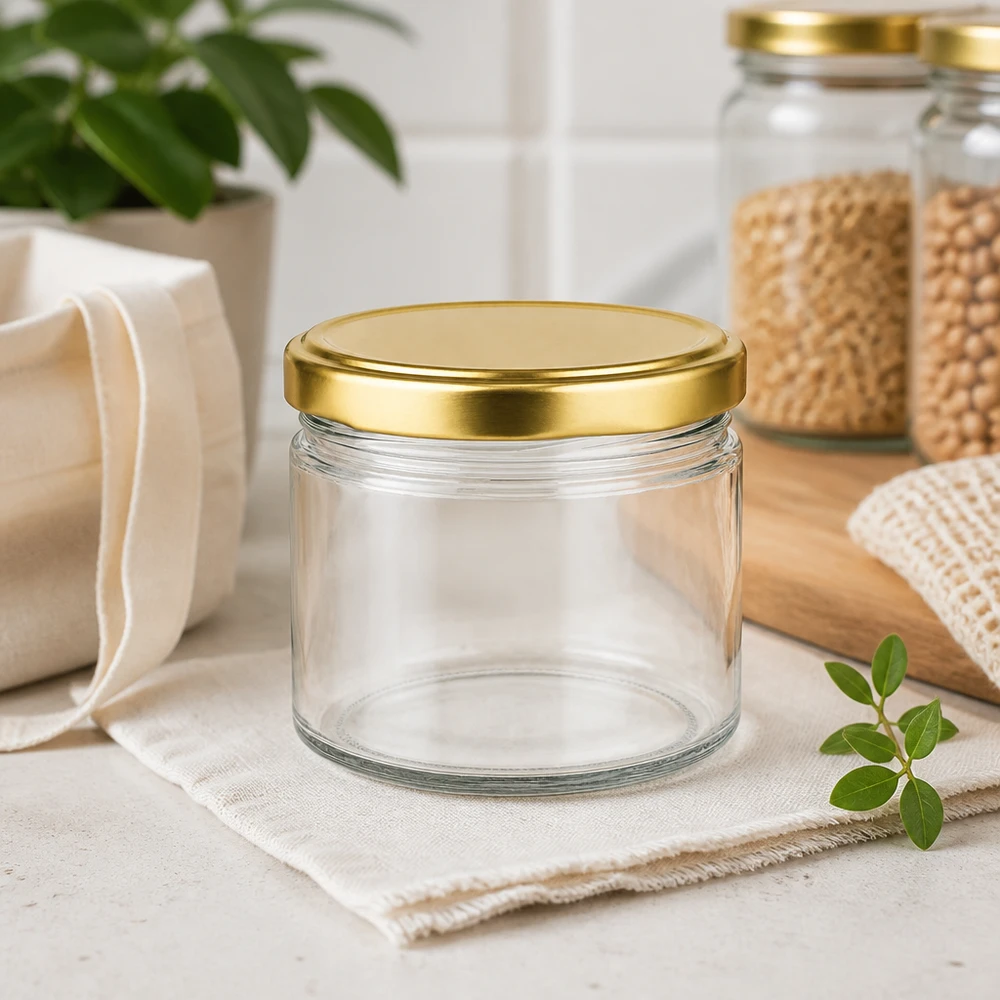 540ml Rundglas mit goldenem BasicSeal Deckel leer in nachhaltiger Küchen Deko mit Naturfasern und Pflanzen