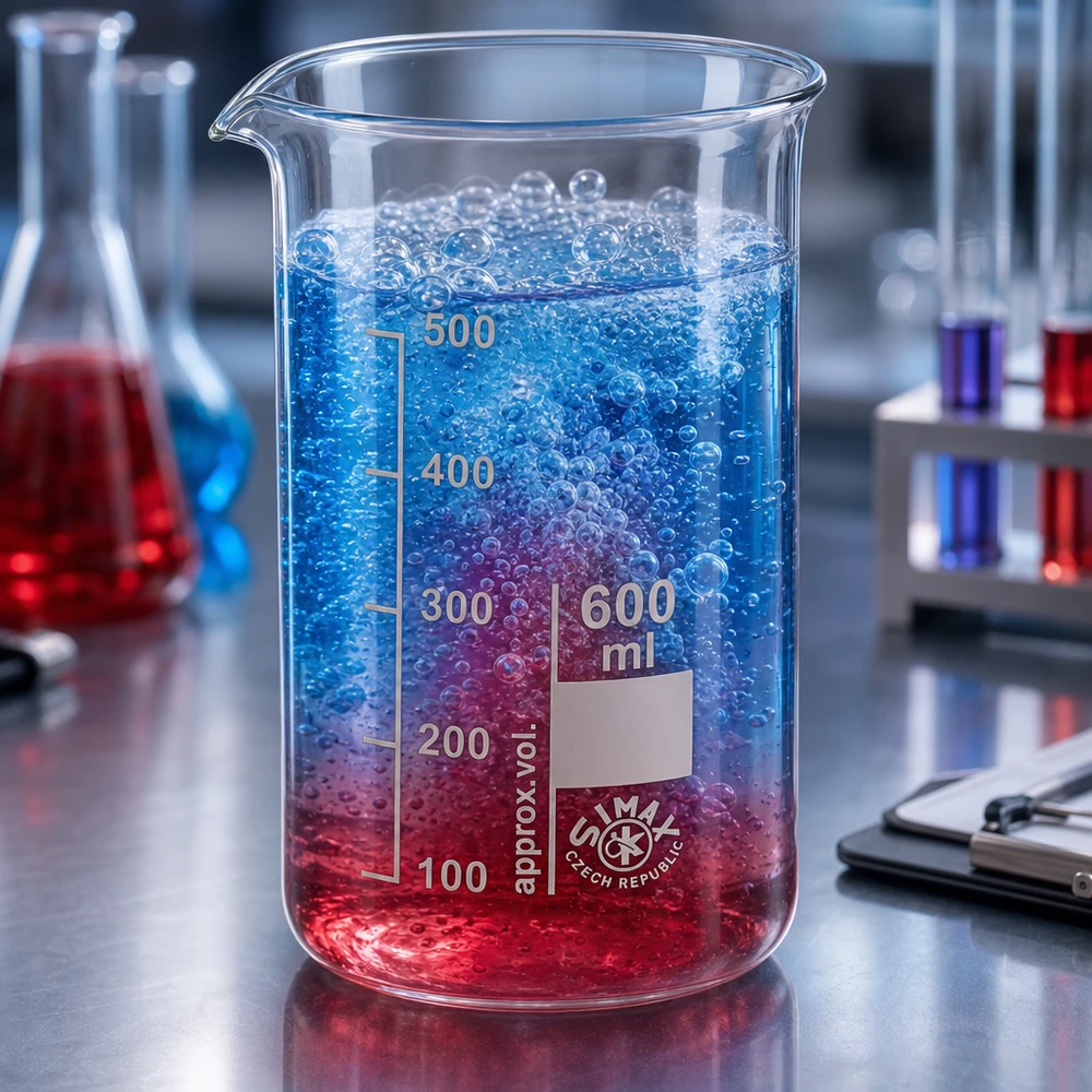 Becherglas 600ml mit sprudelnder blau-roter Flüssigkeit neben farbigen Laborkolben auf Stahltisch