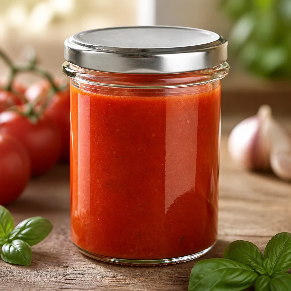 Transparentes 214ml Einmachglas mit roter Tomatensauce und silbernem Twist-Off Deckel BasicSeal