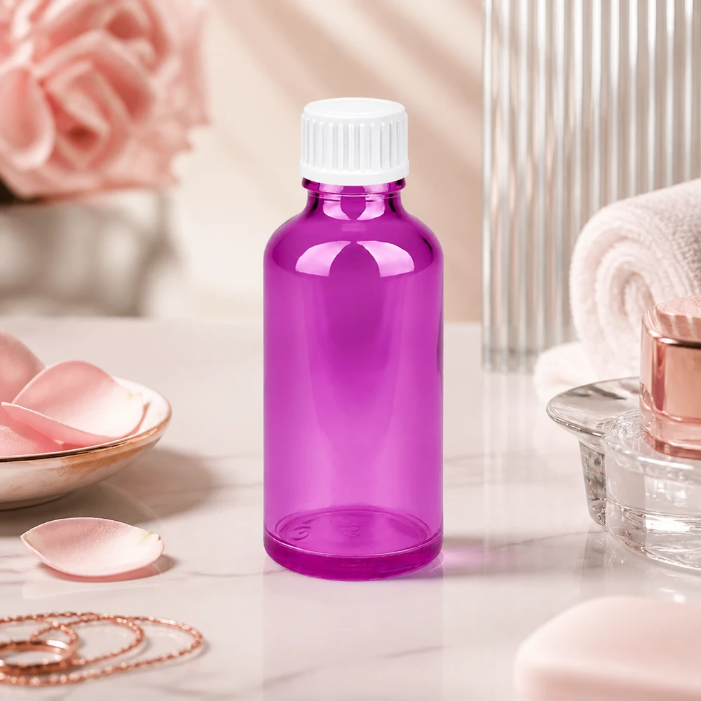 50ml (Globuli)Flasche 3mm Giessring weiß Standard PurpleLine. UT18/50 Praktische 50ml Glasflasche in leuchtend violettem Design mit sicherem Verschlusssystem