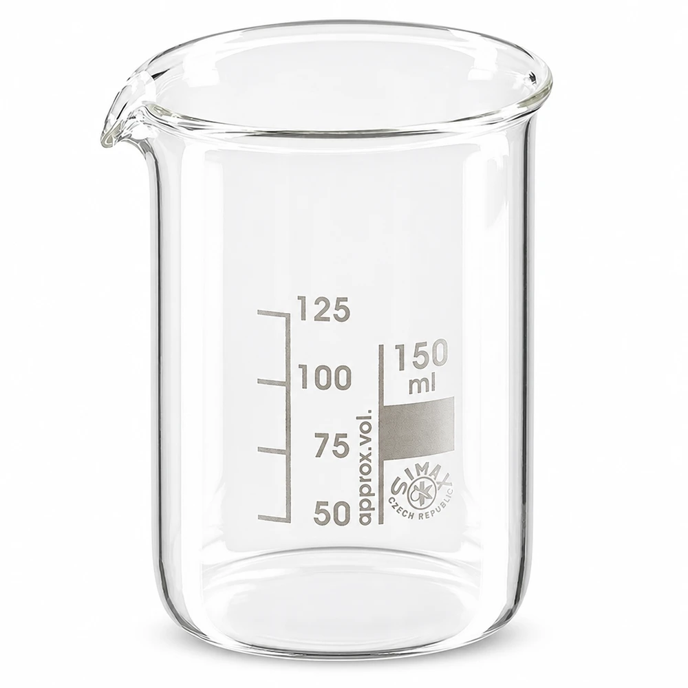 Becherglas 150ml Borosilikatglas, niedrige Form Messbecher 150ml aus robustem Borosilikatglas mit Graduierung für genaues Dosieren