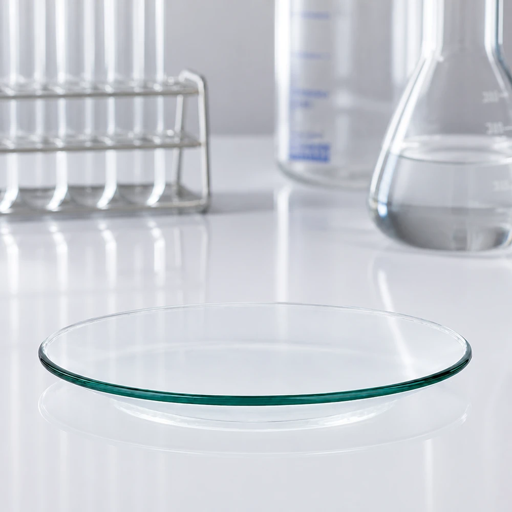 Professionelle Glasschale 90mm für Chemielabor mit Teströhren und Messkolben im Hintergrund