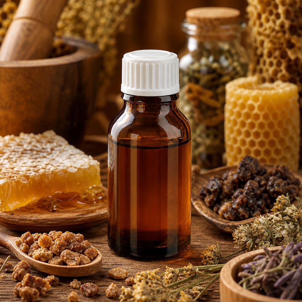 Pharmaglasflasche bernsteinfarben 15ml weißer Dosierverschluss neben rohem Bienenwachs und Myrrhe