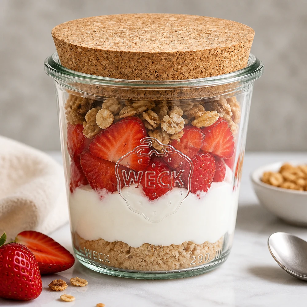 290ml Sturzglas hoch WECK RR80 mit Korken natur WECK Sturzglas 290ml RR80 mit Korkdeckel als Dessertglas mit Erdbeeren Joghurt und Nüssen schichtweise gefüllt