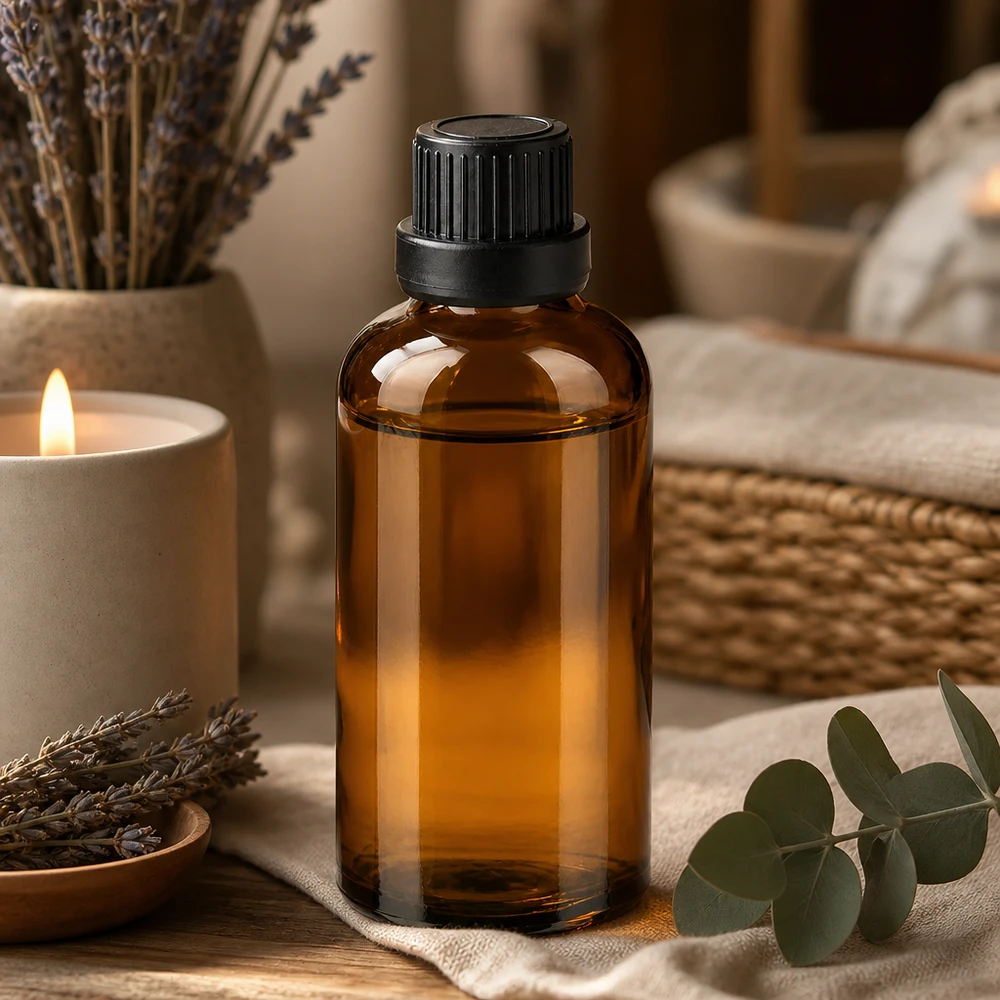 Elegante 50ml Glasflasche in Bernsteinbraun mit schwarzem Deckel für Wellness und Spa
