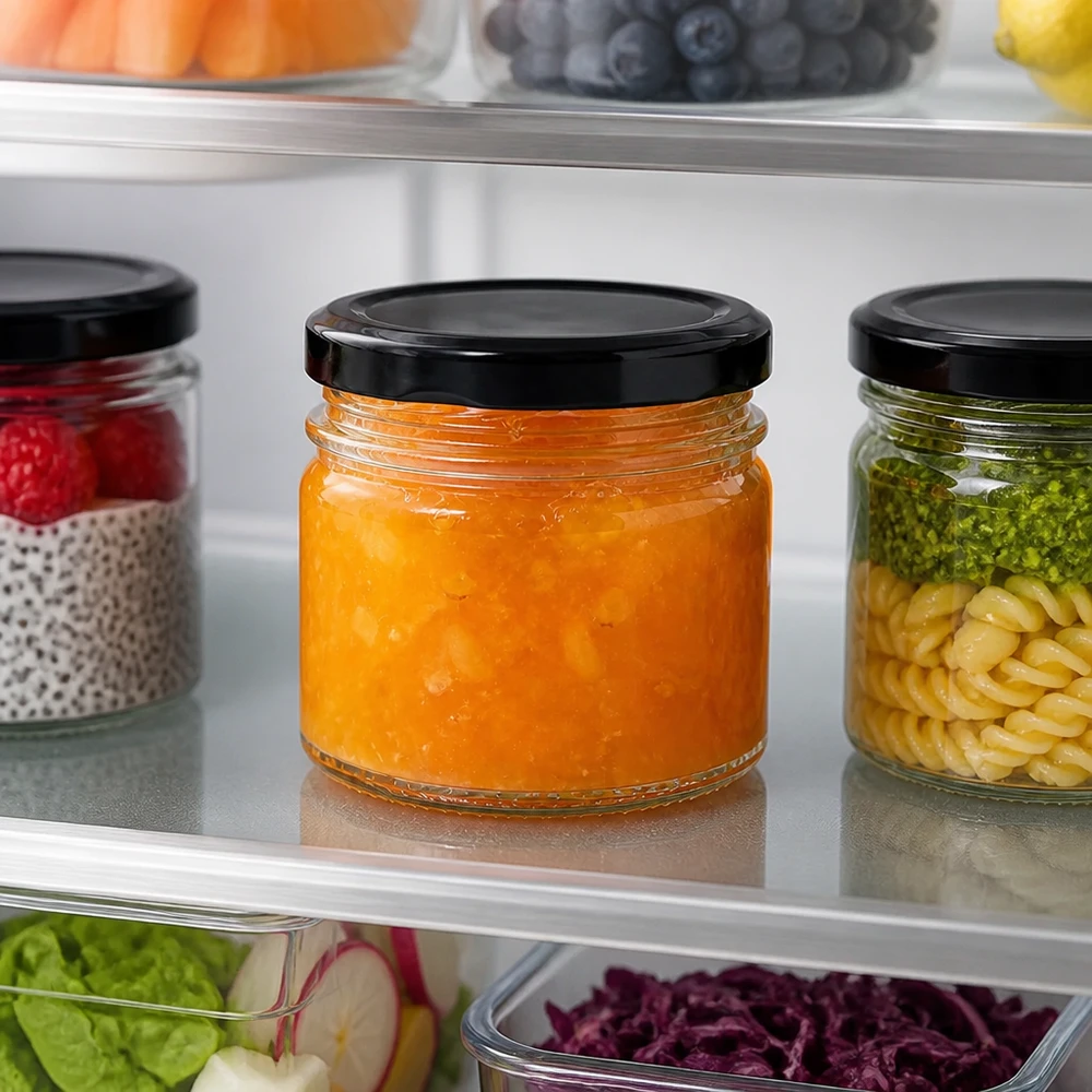 33 ml Rundglas 6er-Set mit Deckel (Deckelfarbe: schwarz) – UNiTWIST UNiTWIST Glasdosen-Set 33ml mit schwarzen Deckeln zur hygienischen Aufbewahrung im Kühlschrank