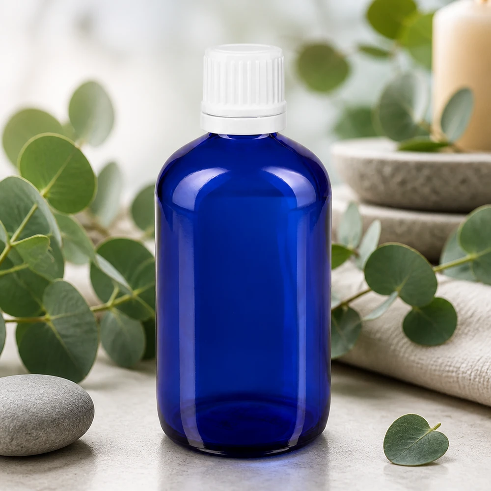 100ml Arzneiflasche Blauglas mit weißem OV-Schraubverschluss für ätherische Öle und Seren