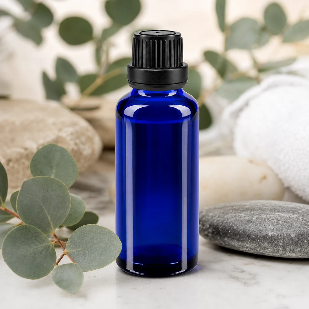 Apothekenflasche blau 30ml Tropfverschluss Giessring 2mm schwarz Originalitätsverschluss Hochwertige blaue 30ml Braunglas-Alternative aus ApoGlas mit Tropfeinsatz 2mm und OV-Schraubdeckel