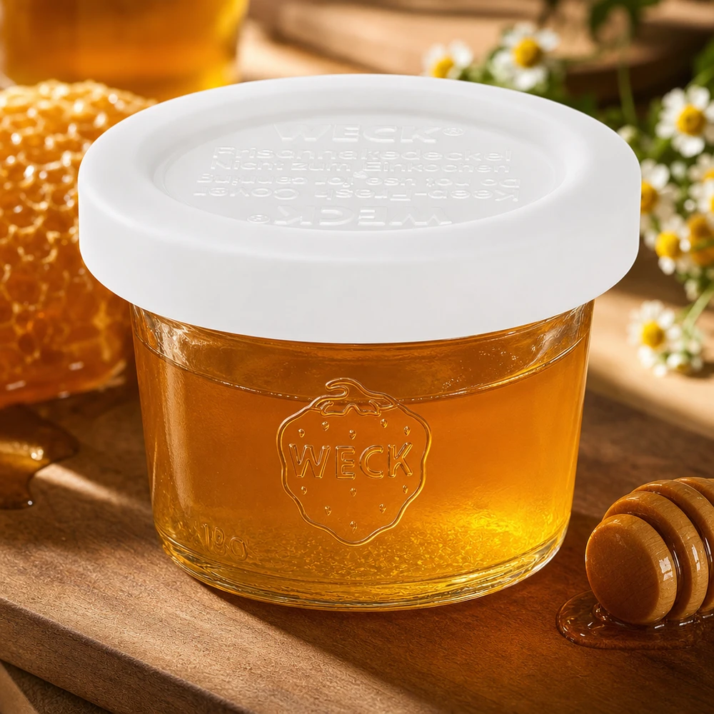 35ml Sturzglas mit Frischedeckel WECK RR40 WECK Sturzglas 35ml RR40 mit Honig in natürlicher Umgebung mit Bienenwabe und Kamille, authentische Produktpräsentation