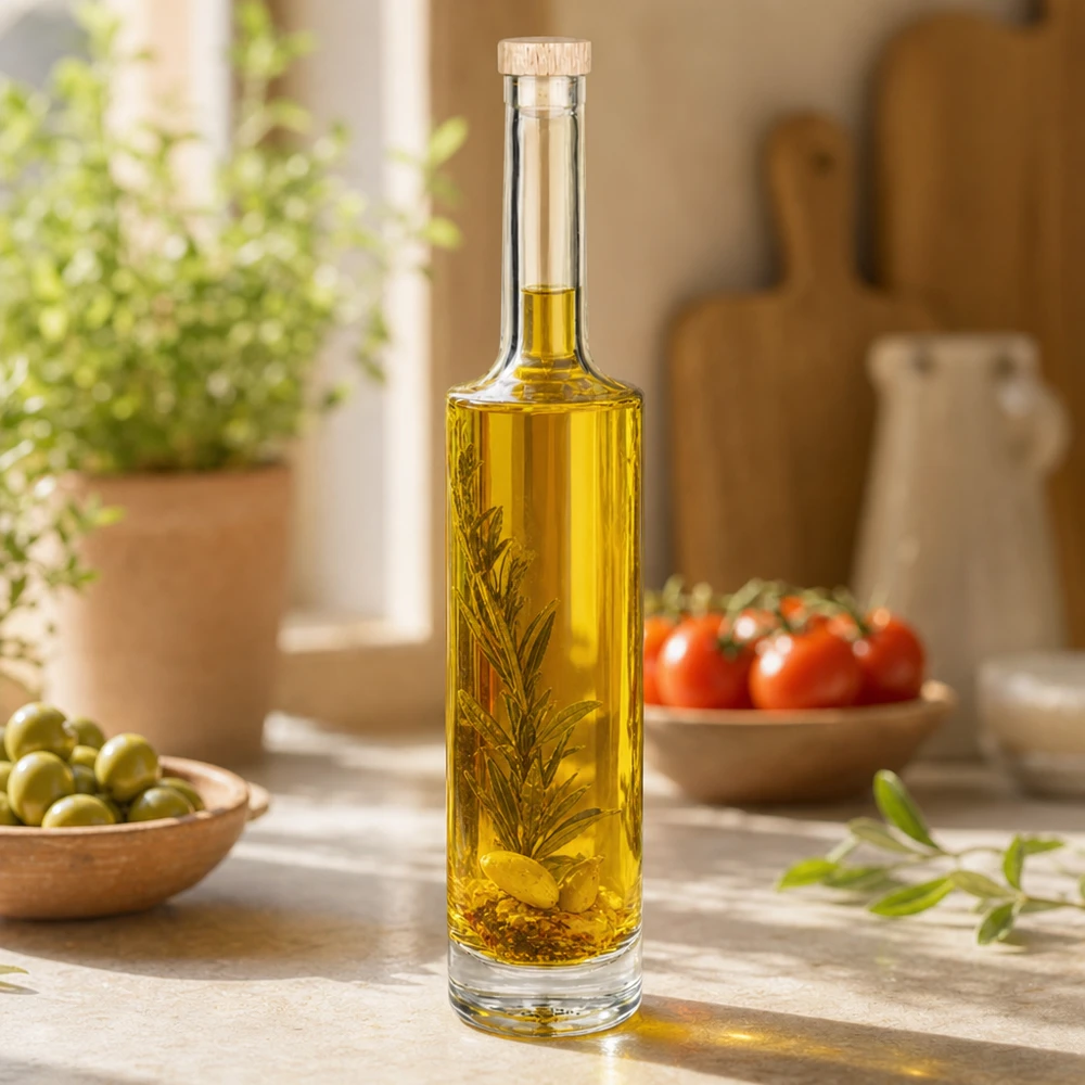 500ml Glasflasche "Rosa" mit Holzgriffkorken UNiTWIST® 500ml Glasflasche Rosa mit Olivenöl und Rosmarinzweig in mediterraner Küche neben Oliven und Tomaten