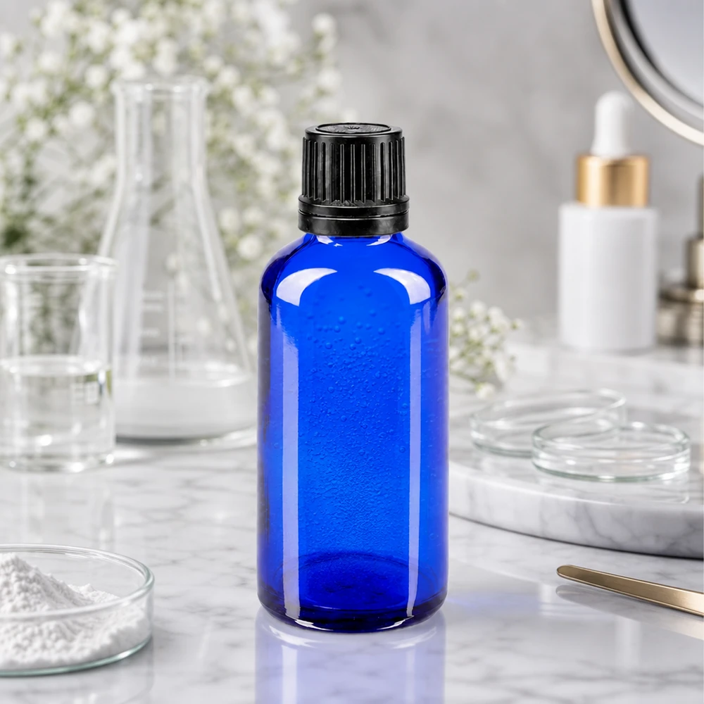 Zylindrische 50ml Apothekerflasche aus kobaltblauem Glas mit OV-Verschluss in 8mm Öffnung