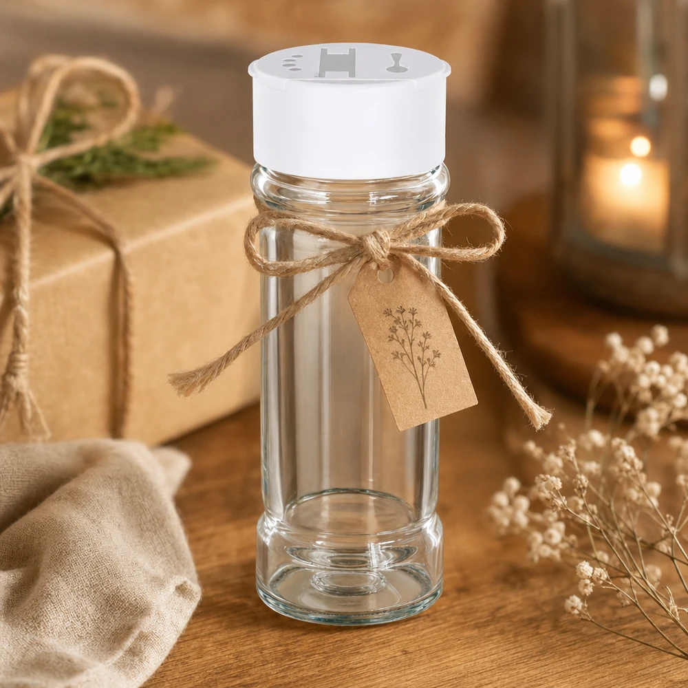 Salz-/Gewürzglas 100ml mit Doppelstreuer weiss Schlankes Glasgewürzbehälter 100ml mit weißem Doppelstreuerdeckel dekoriert mit Juteband als Tischdekoration