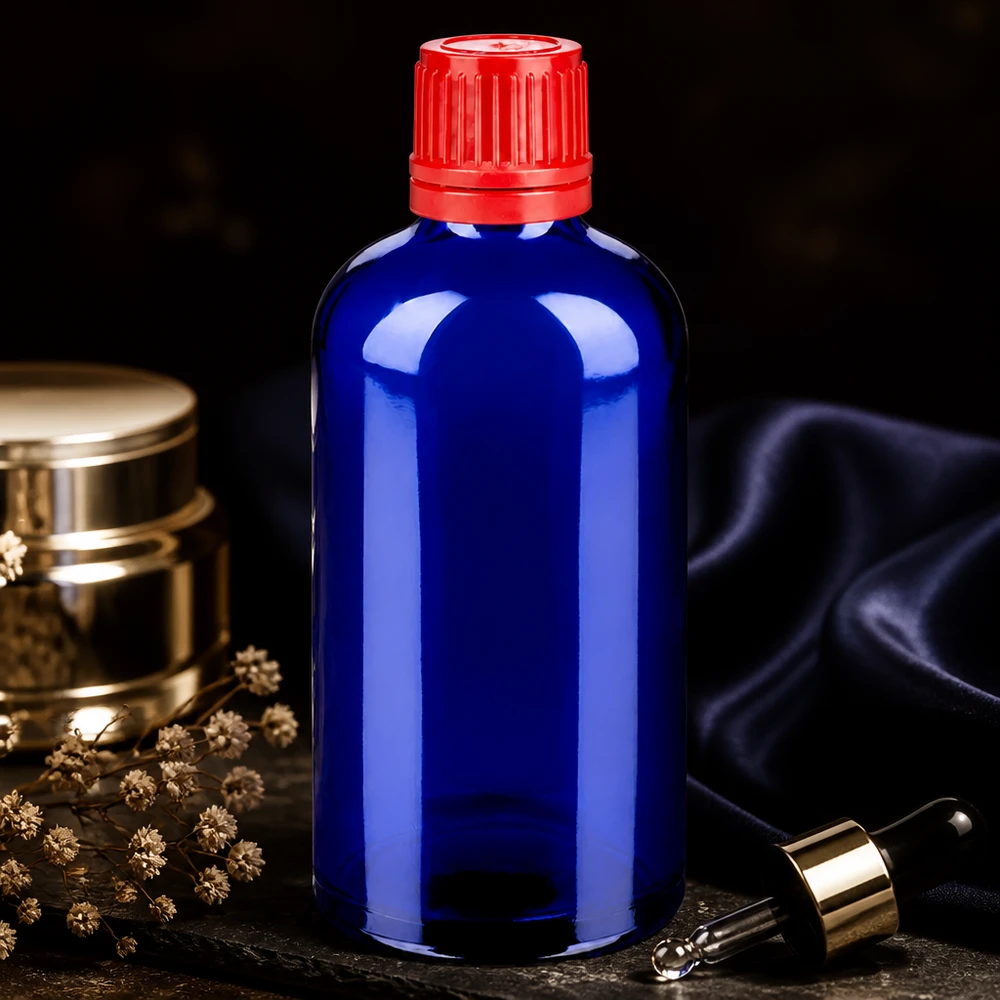 100ml Flasche 11mm Schraubverschluss rot Originalitätsverschluss BlueLine UT18/100 Premium Glasflasche 100ml dunkelblau mit Originalitätsgarantie durch SV Verschluss rot