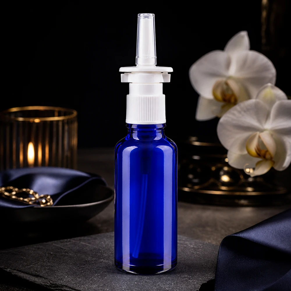 Apothekenflasche blau 30ml Nasenzerstäuber weiß Standard Nasensprayflasche Apothekerglas 30ml blau mit weißem Verschluss und transparentem Applikator
