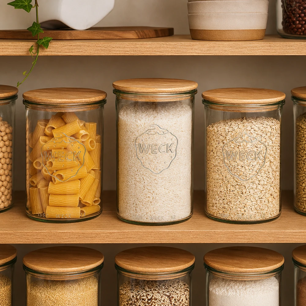 WECK Gläser 1000ml mit Holzdeckel als Vorratsdosen für Nudeln Reis und Haferflocken in organisierter Küche