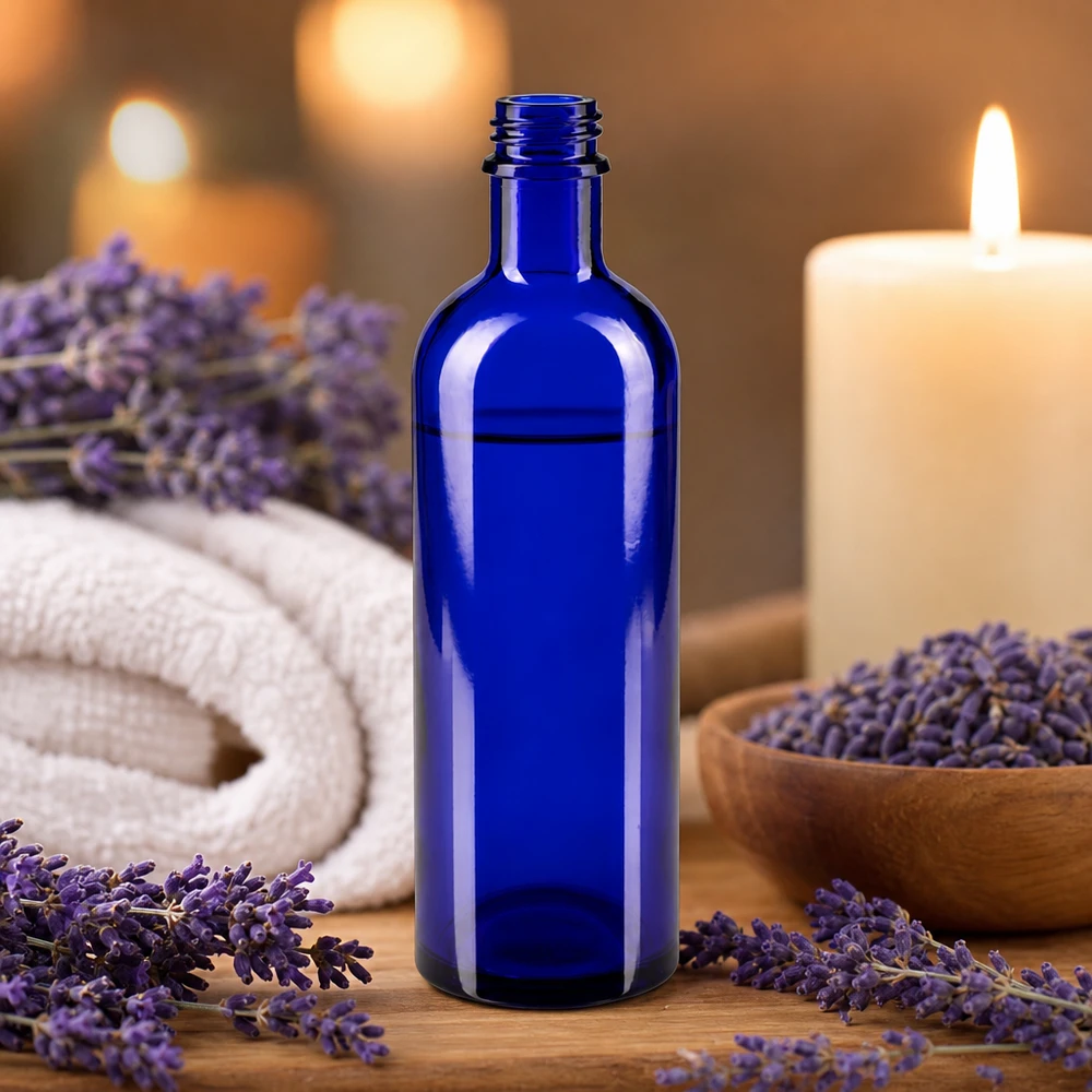 Elegante blaue Glasflasche 200ml DIN 22 für Kosmetik Seren und Naturheilmittel