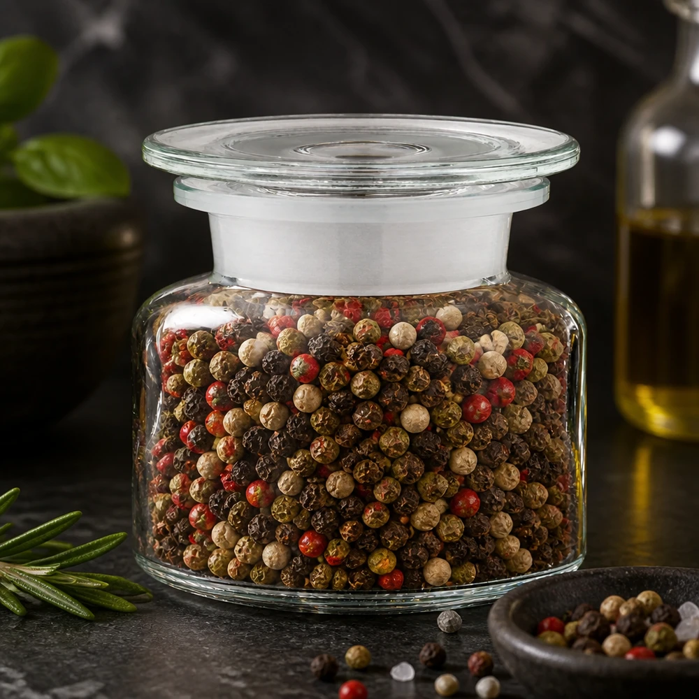 Gewürzglas Idee: Apothekerflasche 100 ml Weithals Klarglas Gewürzspeicher Apothekerflasche 100ml Weithals Klarglas mit rotem grünem und schwarzem Pfeffer