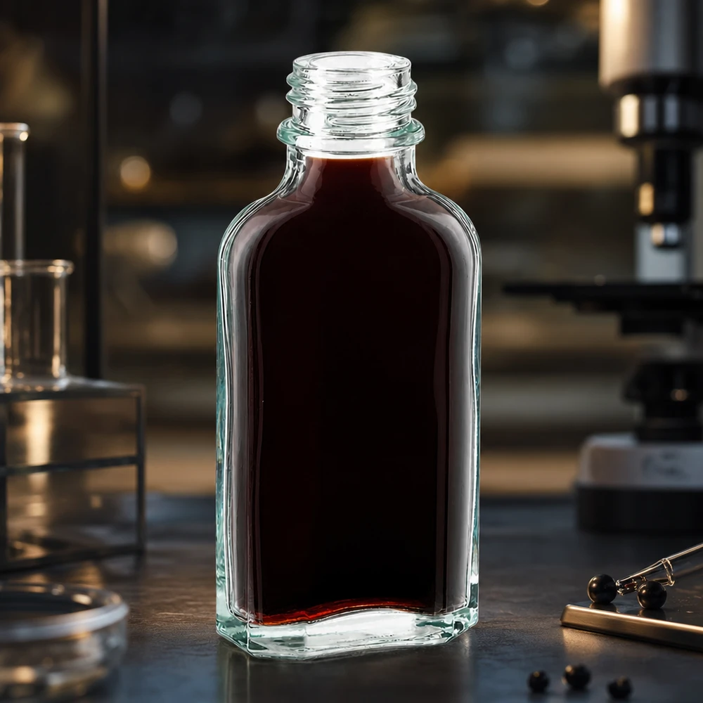 Offene 50 ml Meplatflasche klar mit dunkelrotem Inhalt auf Labortisch