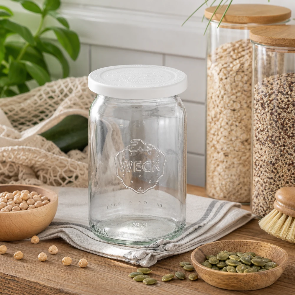 145ml Zylinderglas mit Frischedeck. WECK RR40 WECK RR40 Zylinderglas 145ml leer mit Frischedeckel in natürlicher Küche zwischen Hülsenfrüchten und Vorratsgläsern