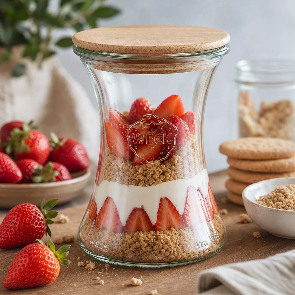370ml Delikatessenglas WECK RR80 mit Holzdeckel WECK Delikatessenglas 370ml RR80 mit Holzdeckel gefüllt mit Erdbeeren Granola und Joghurt als Schichtdessert