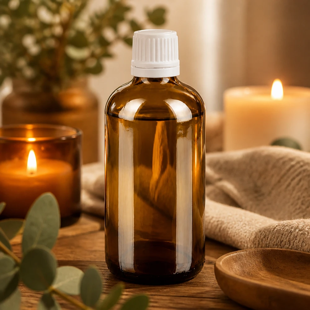 Apothekerflasche braun 100ml mit weißem Sicherheitsverschluss zwischen Eukalyptuszweigen und Kerzen