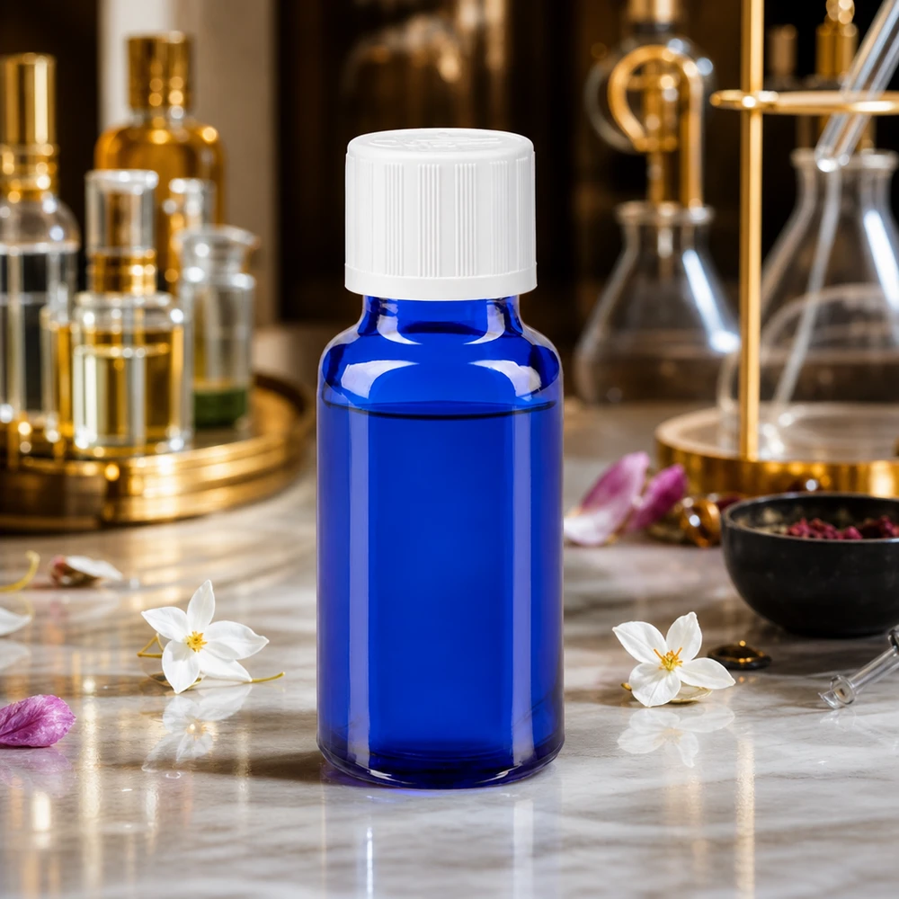 Apothekenflasche blau 20ml Schraubverschluss weiß Kindersicherung Standard Apothekerflasche Blauglas 20ml mit weißem Kindersicherheitsdeckel und Laborkolben im Hintergrund