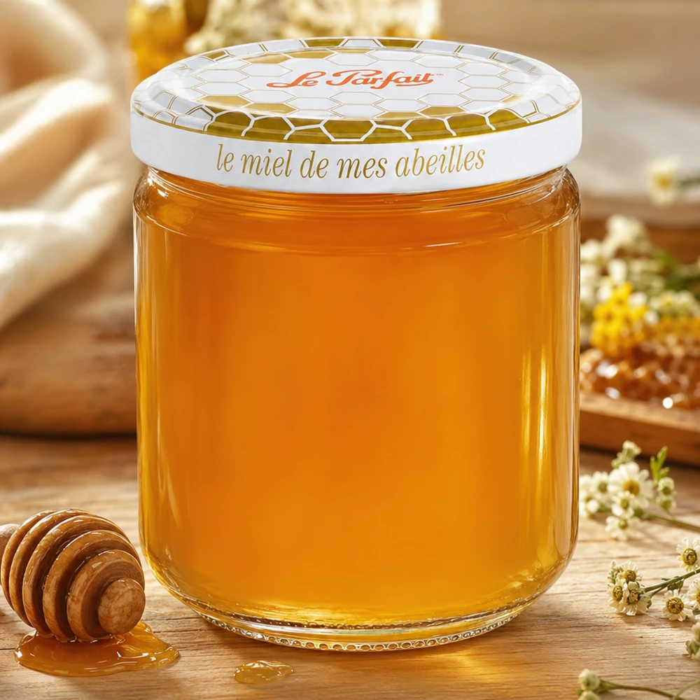 212ml Vorratsglas "Honey" mit Schraubdeckel Le Parfait® Le Parfait 212ml Honey Vorratsglas mit goldenem Honig gefüllt neben Honiglöffel und Kamille auf Holztisch