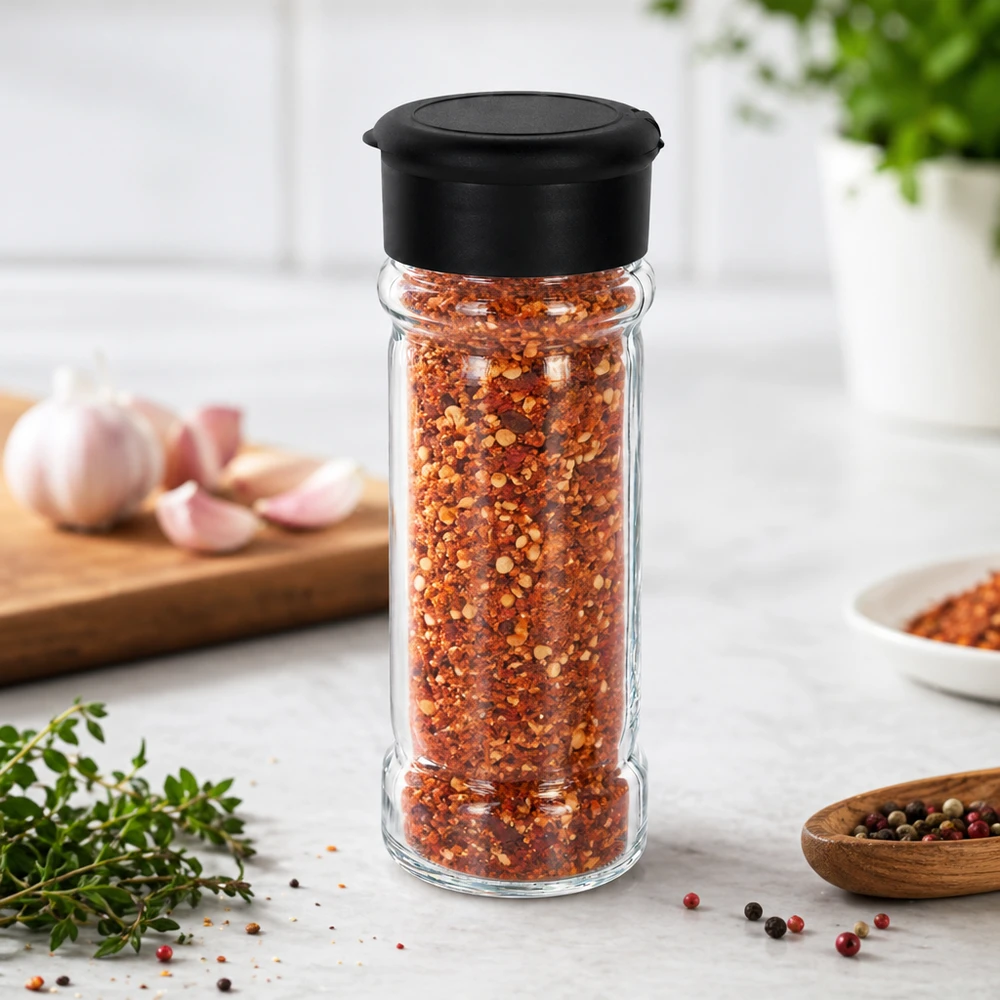 Salz-/Gewürzglas 100ml mit Streuer schwarz Befüllbares Streuglas 100ml aus Glas mit schwarzem Deckel für scharfe Gewürzmischungen