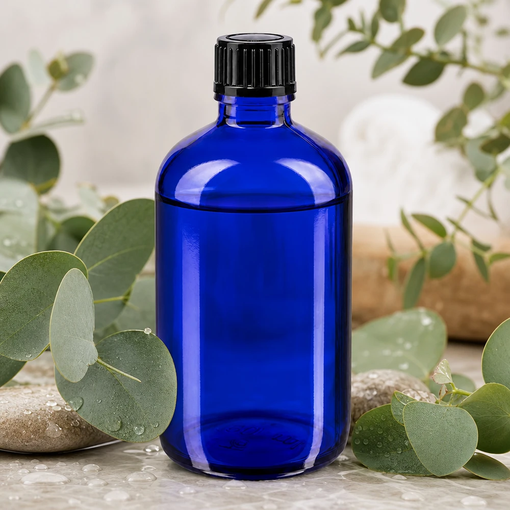 Blaue Glasflasche 100ml mit schwarzem Verschluss ideal für ätherische Öle Hydrolate und Seren