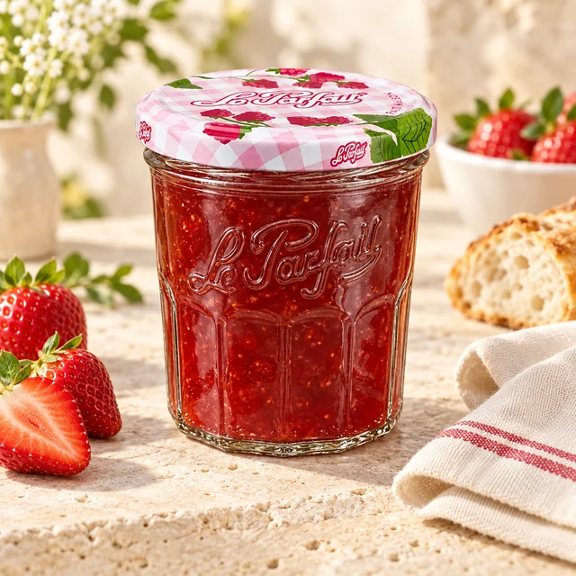 Le-Parfait-Marmeladenglas mit Erdbeermarmelade und Beeren – illustriertes Beispiel
