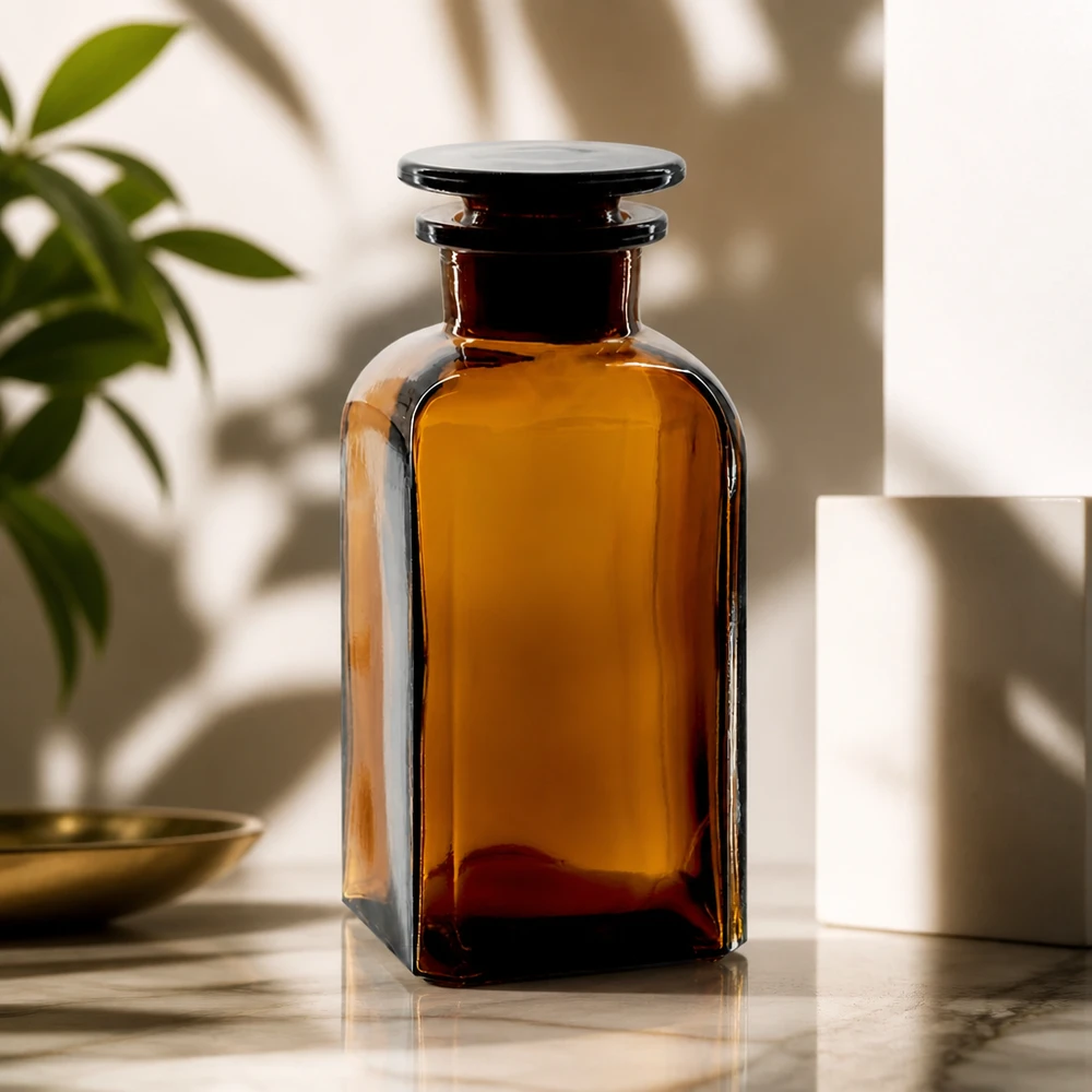 Vierkantflasche 350ml UV-Schutz braun mit Glasstopfen für Laborchemikalien geeignet