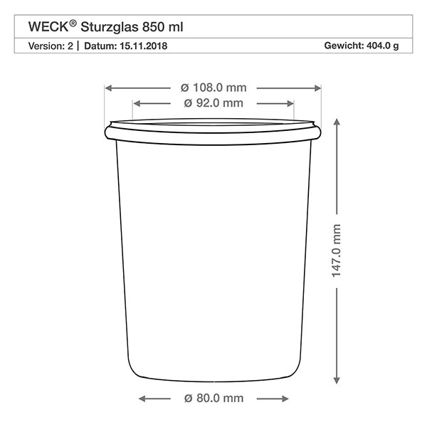 850ml Sturzglas mit Glasdeckel WECK RR100 Technische Zeichnung WECK Sturzglas 850ml RR100 mit Maßangaben und Spezifikationen für präzise Produktinformation