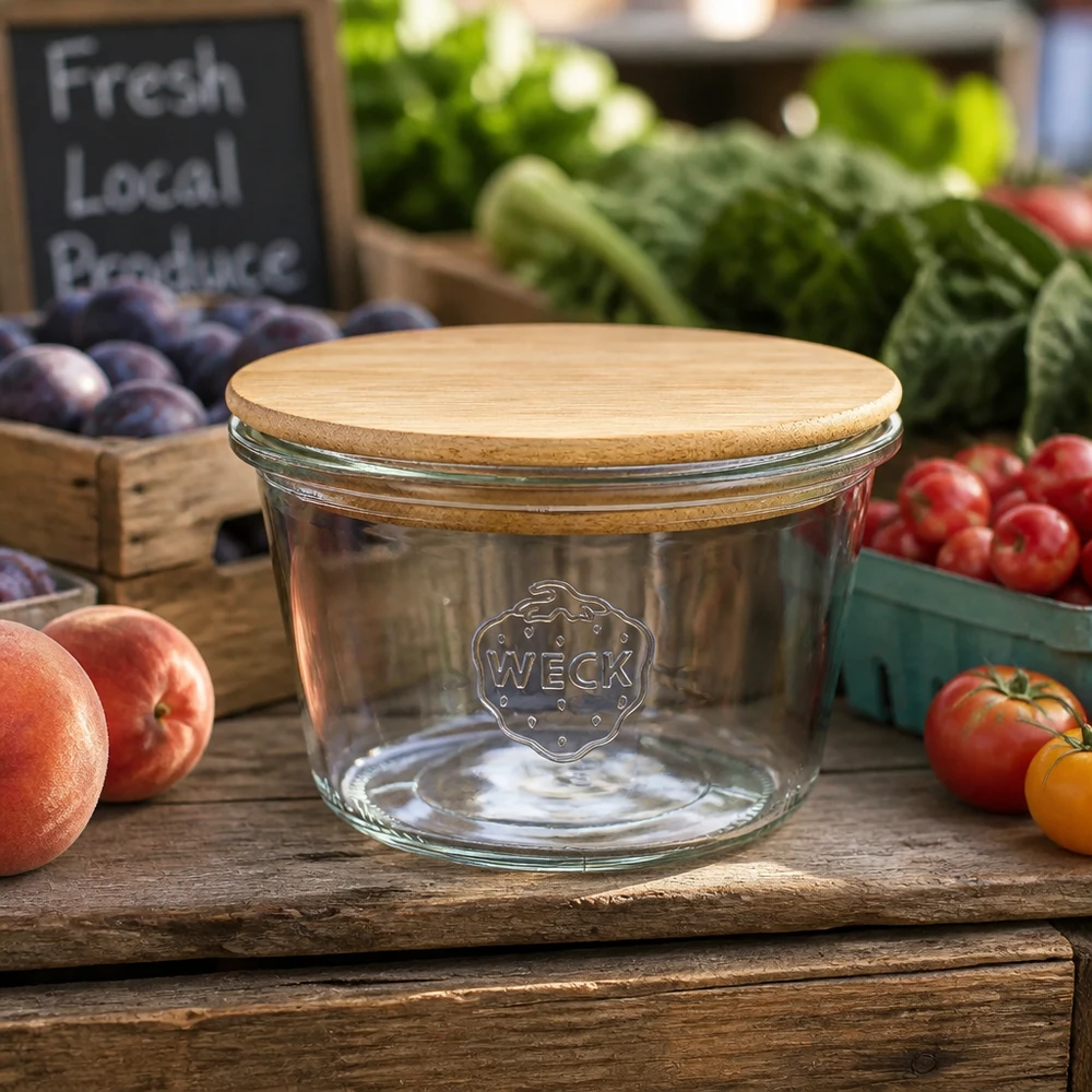 370ml Sturzglas WECK RR100 mit Holzdeckel WECK RR100 Sturzglas 370ml mit Bambusdeckel auf Holztisch umgeben von frischem Obst und Gemüse vom Markt