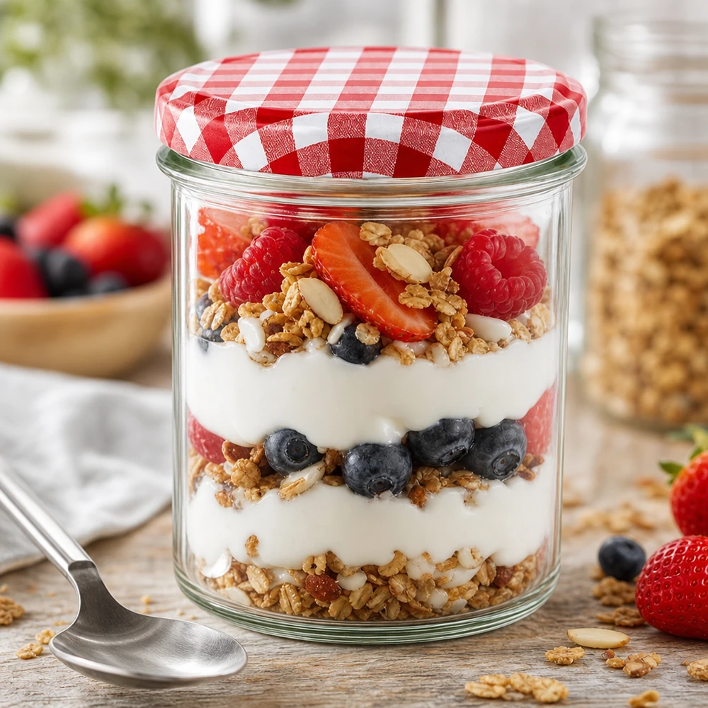 350ml Sturzglas als Joghurt-Parfait mit Beeren und Müsli geschichtet, rot-weißer Deckel, kreative Küchennutzung