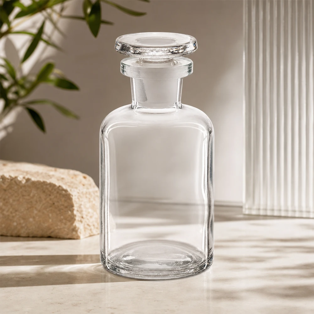 Rundschulterflasche 50ml klar Enghals Glasstopfen Dekorative Klarglasflasche 50ml Rundschulter mit Enghals und massivem Glasstopfen